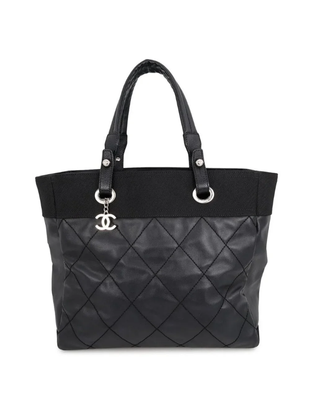 Chanel Tote Bag Paris Biarritz MM Quilted Coco Charm Black